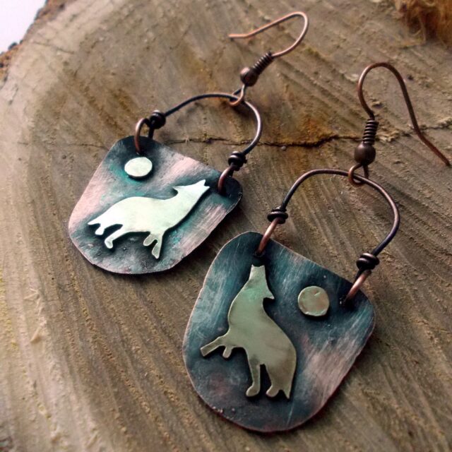The Wolf Copper Earrings with Moon – Copper jewerly