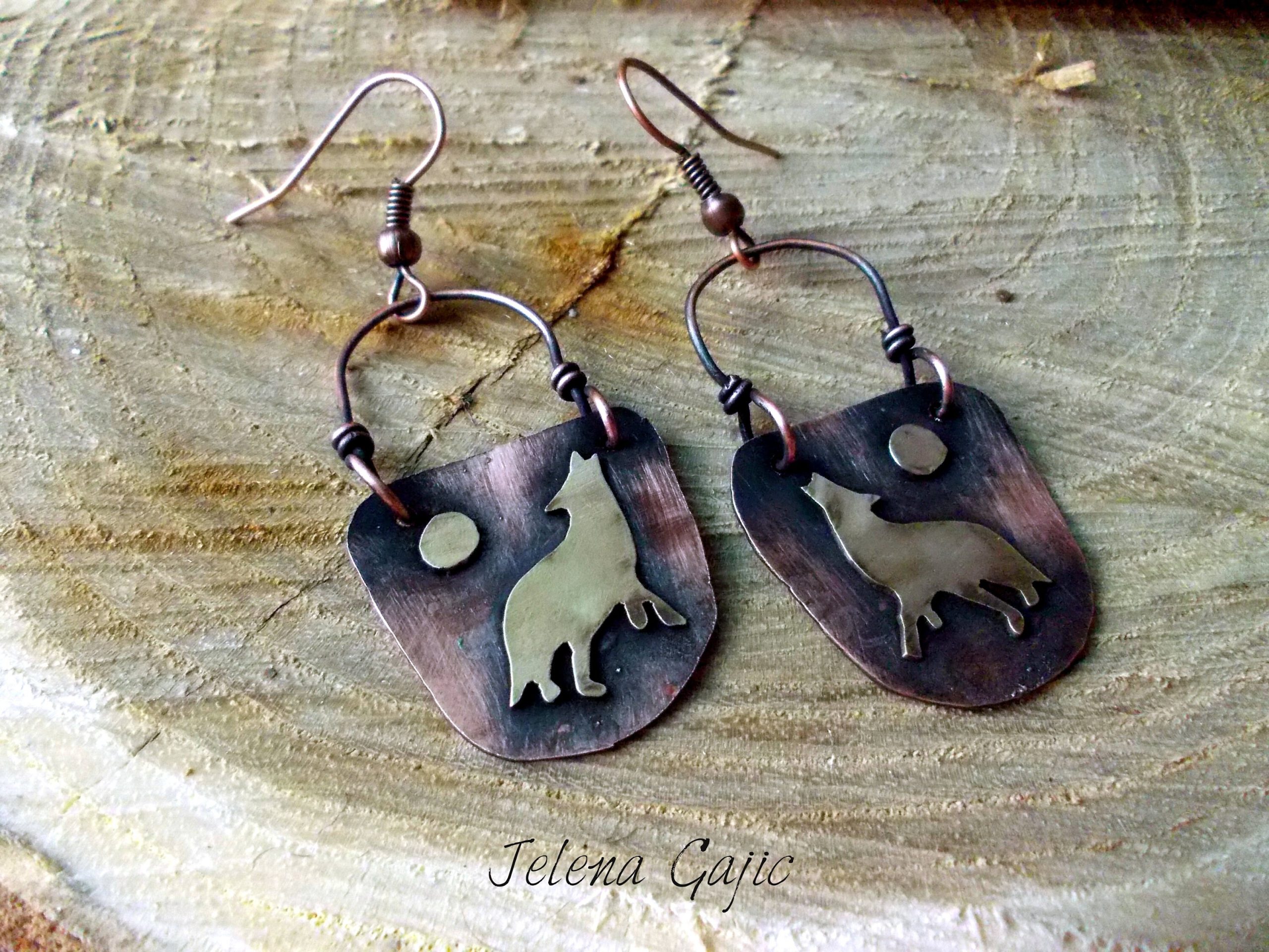 The Wolf Copper Earrings with Moon - Copper jewerly