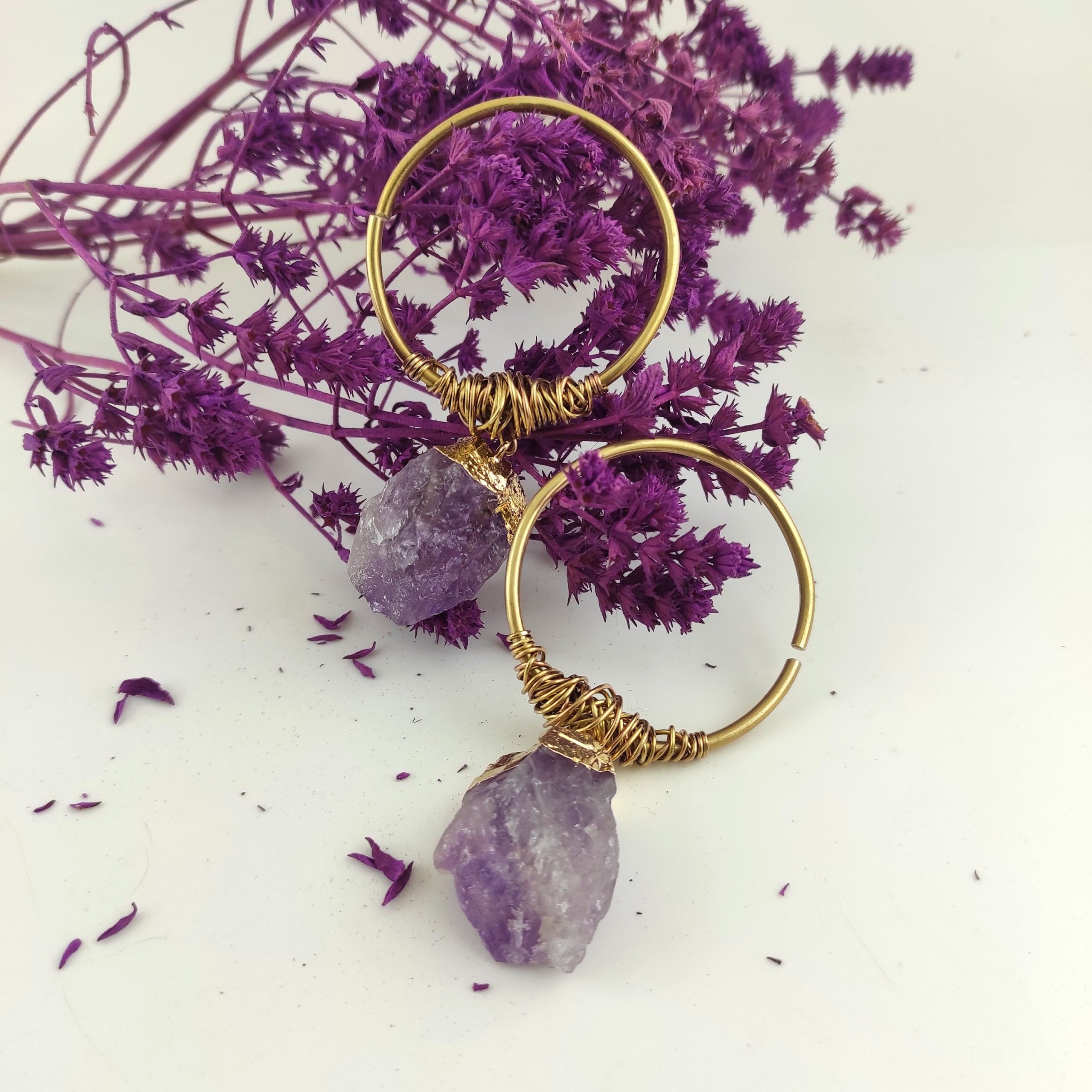 10 gauge Brass Hoops Amethyst Tunnel Earrings