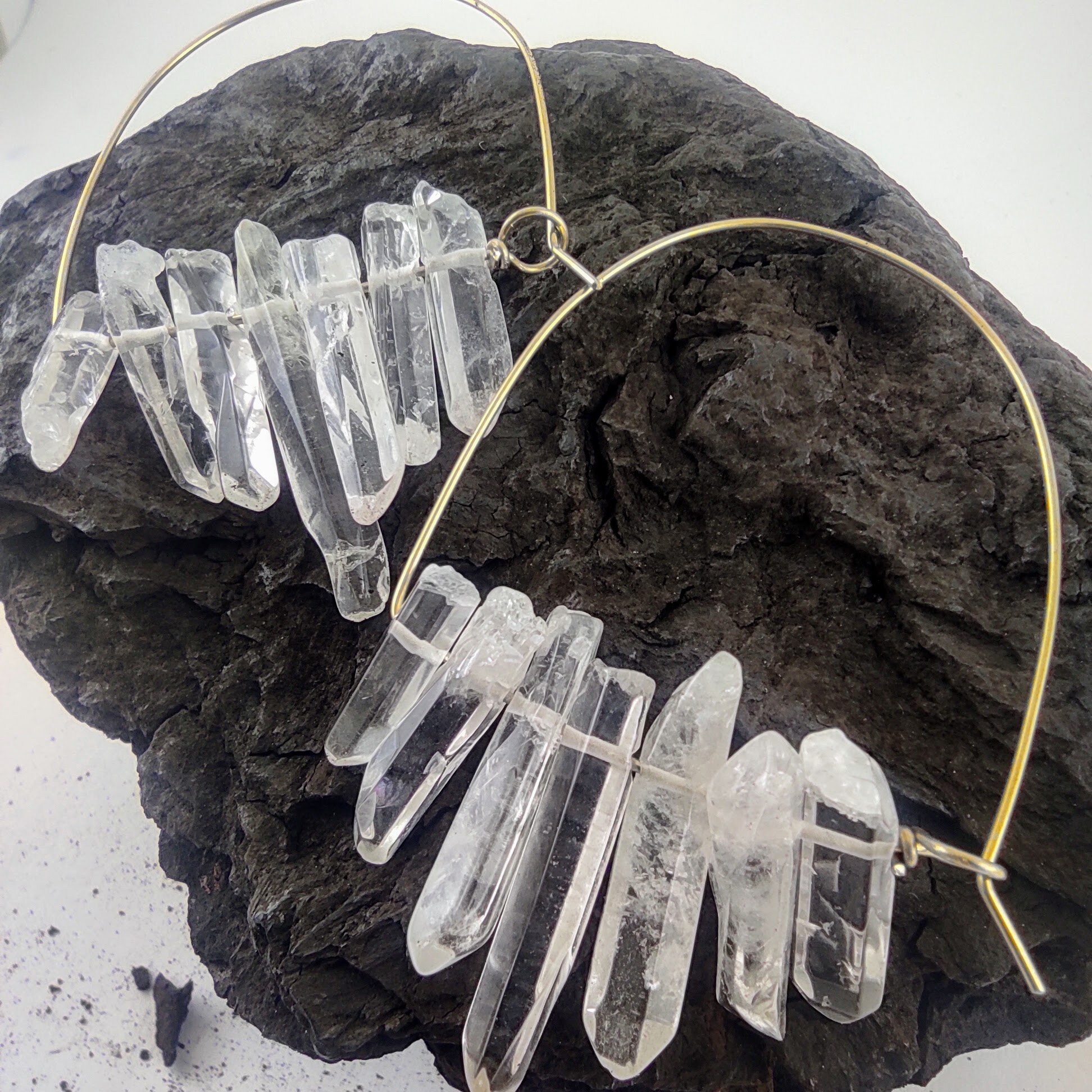 Quartz Crystal earrings Brass hoops Lightweight earrings 18 gauge