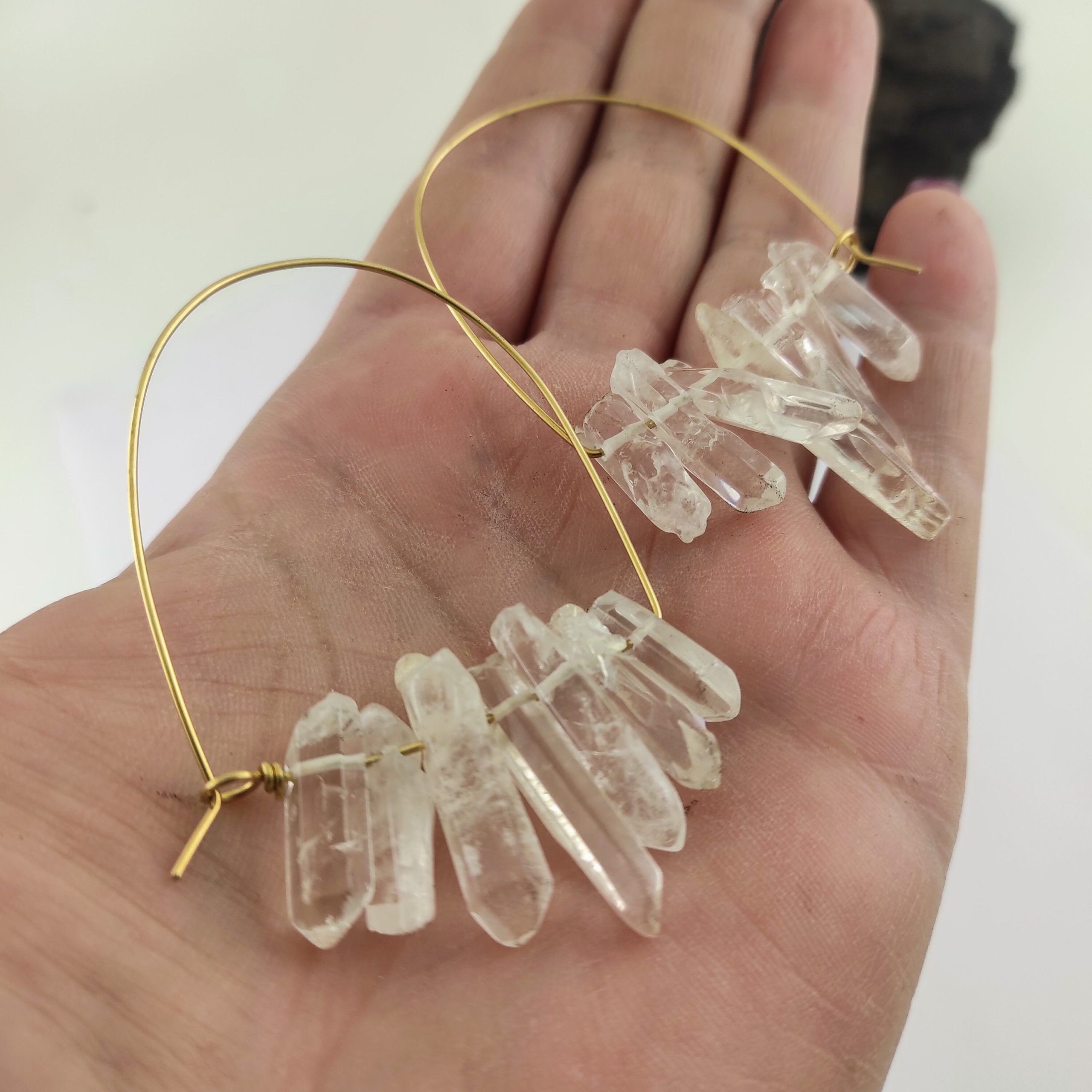 Quartz Crystal earrings Brass hoops Lightweight earrings 18 gauge