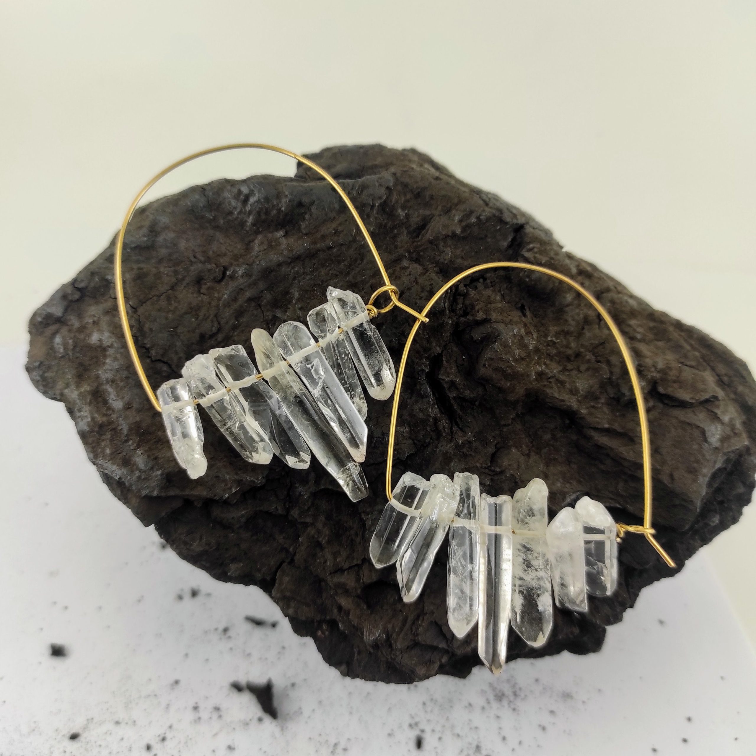 Quartz Crystal earrings Brass hoops Lightweight earrings 18 gauge