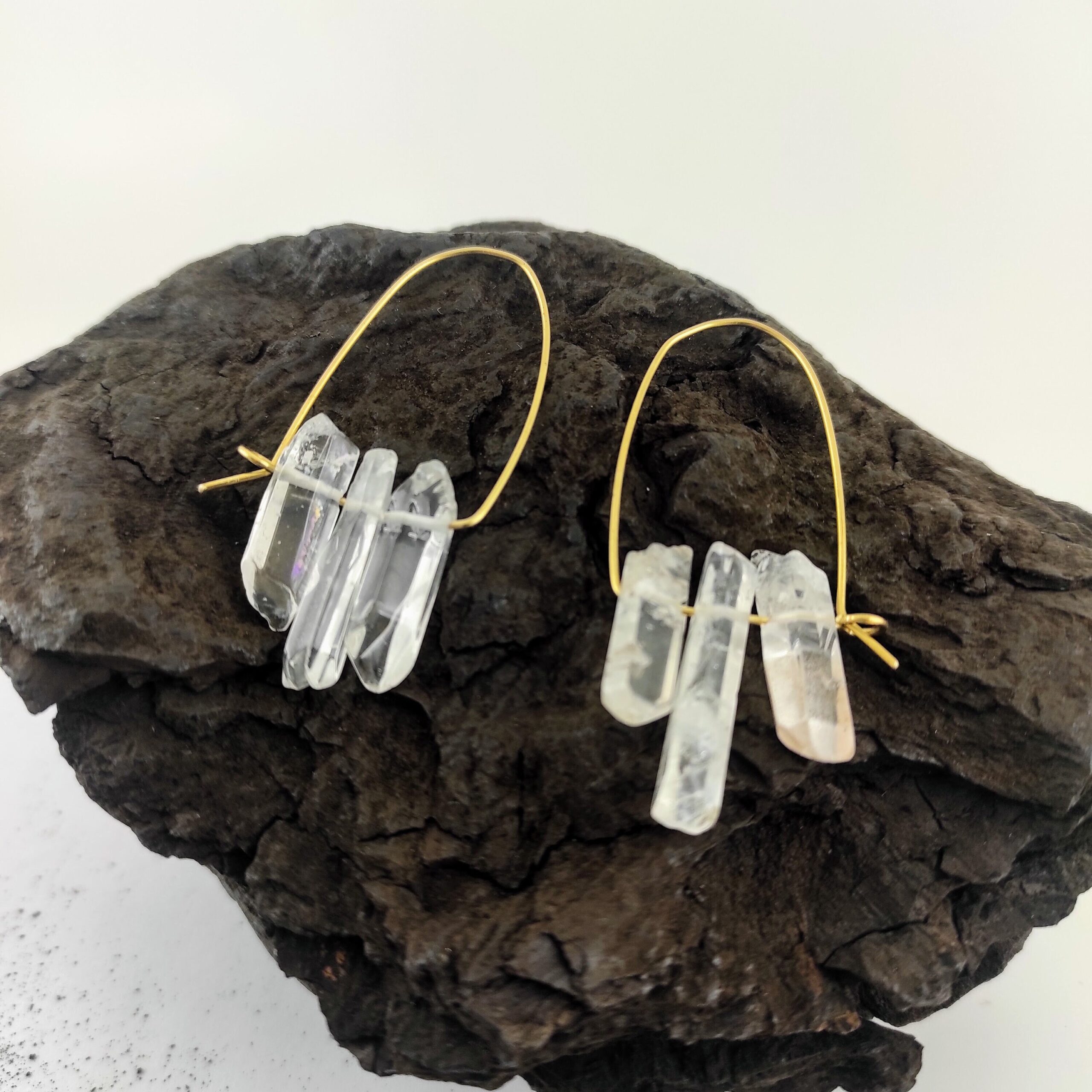 Quartz Crystal earrings Brass hoops Lightweight earrings 18 gauge