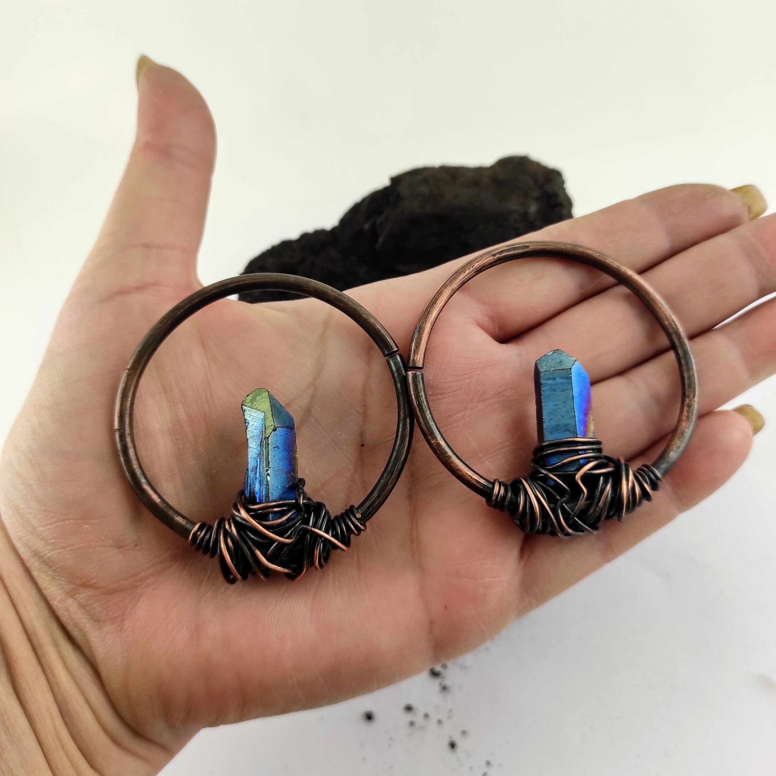 8 gauge Stone Ear Weights  Raw Stone Earrings  Witch Ear Weights Titanium blue earrings