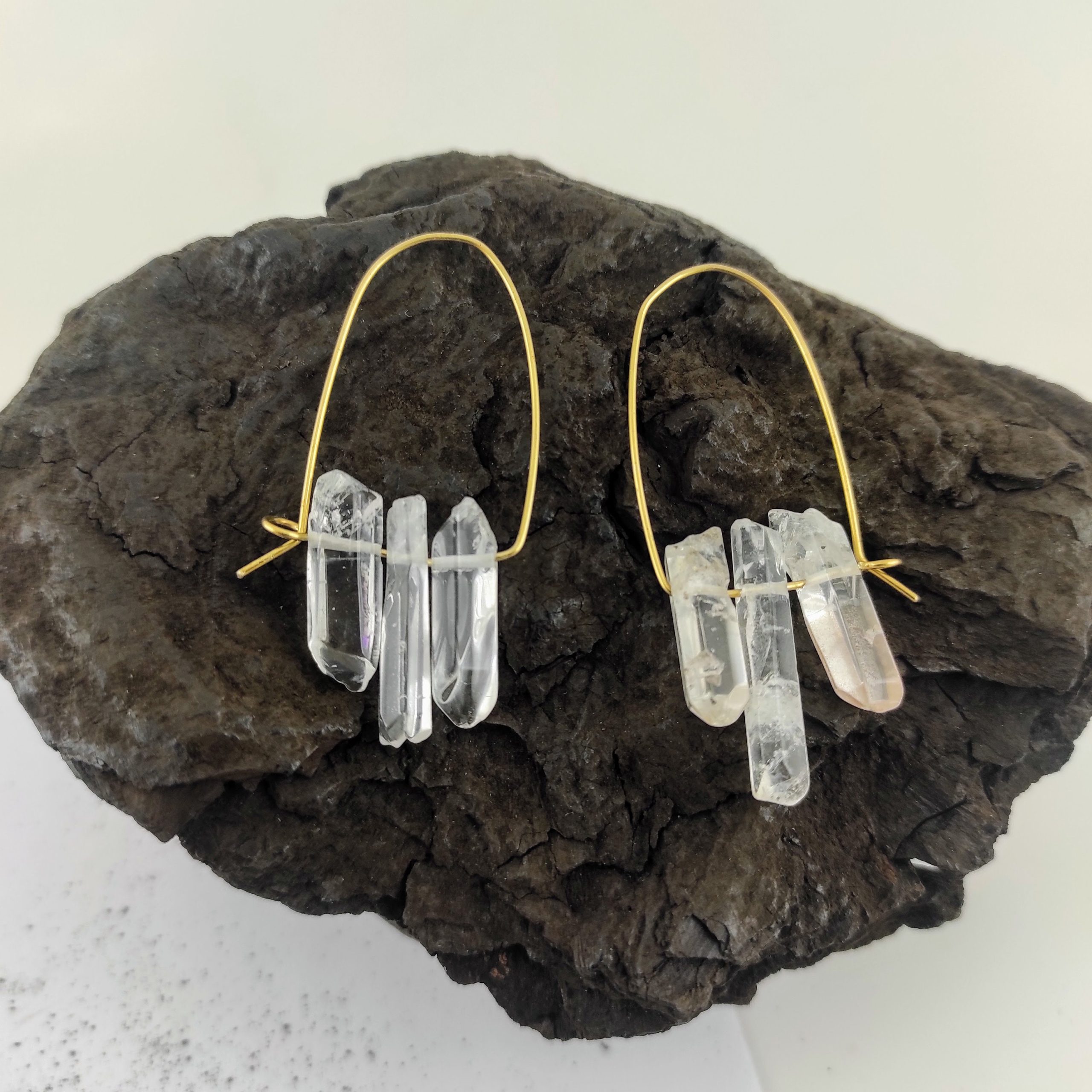 Quartz Crystal earrings Brass hoops Lightweight earrings 18 gauge