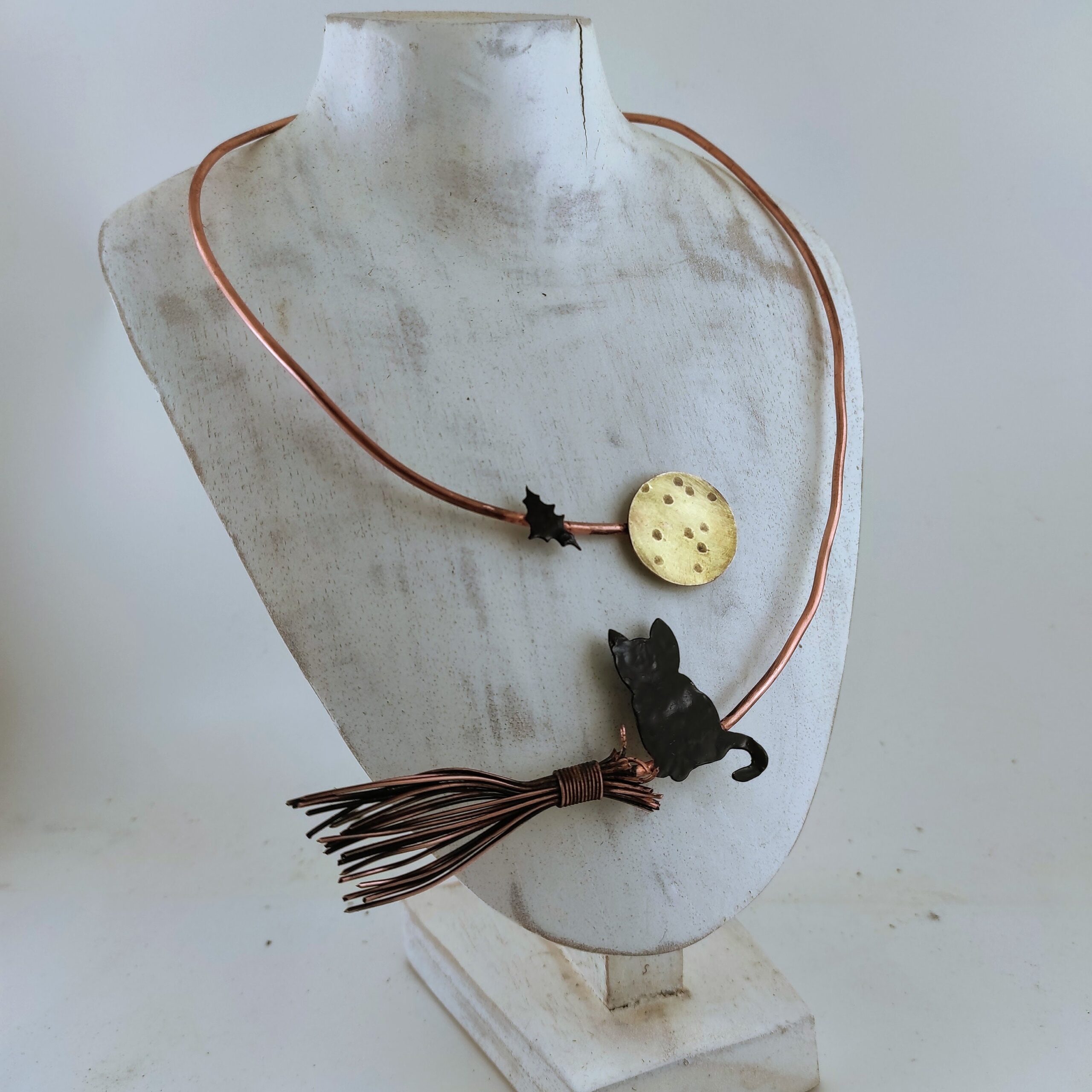 Broom Necklace / Witch Collar / Cat Charm Necklace / Witch Necklace / Broomstick Necklace