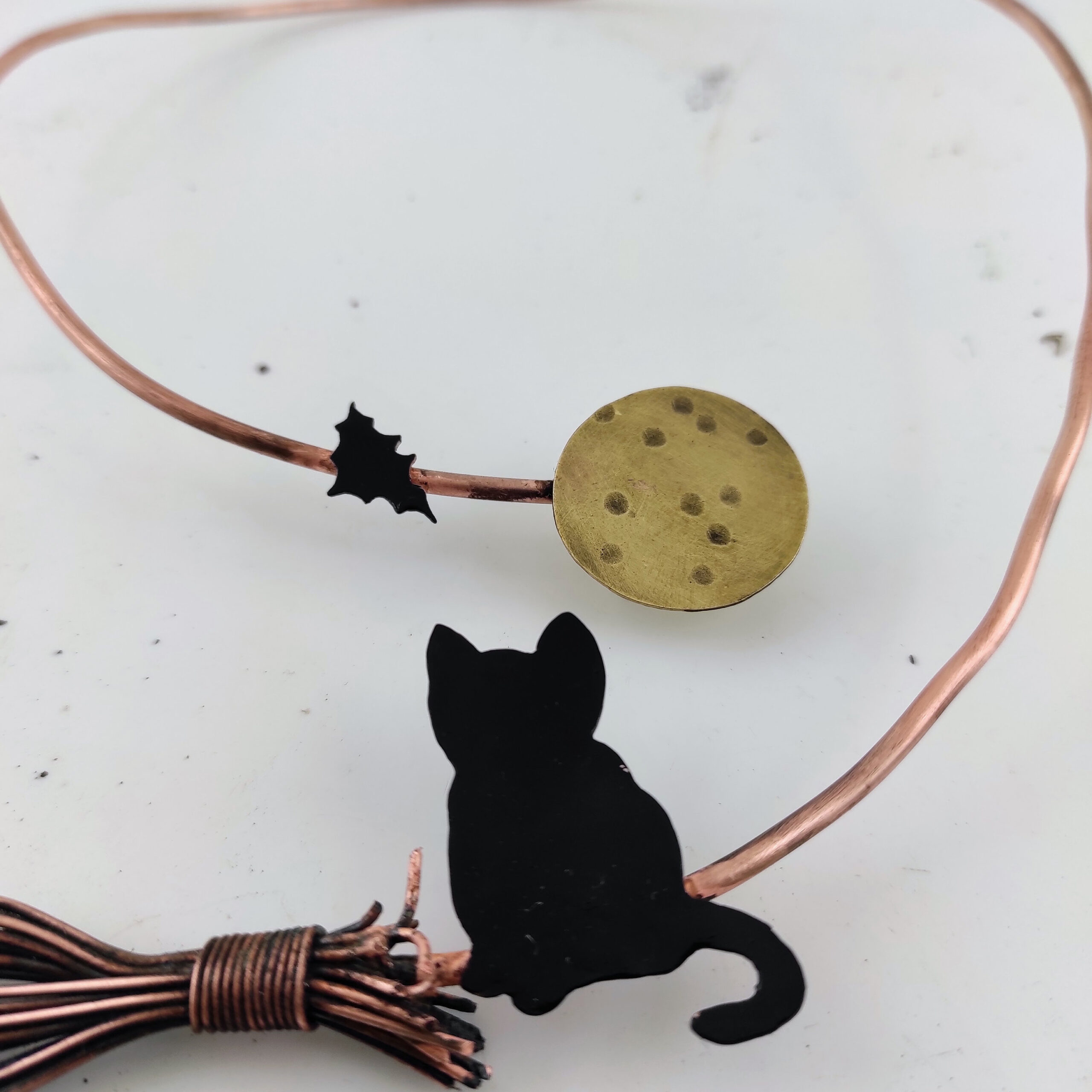 Broom Necklace / Witch Collar / Cat Charm Necklace / Witch Necklace / Broomstick Necklace