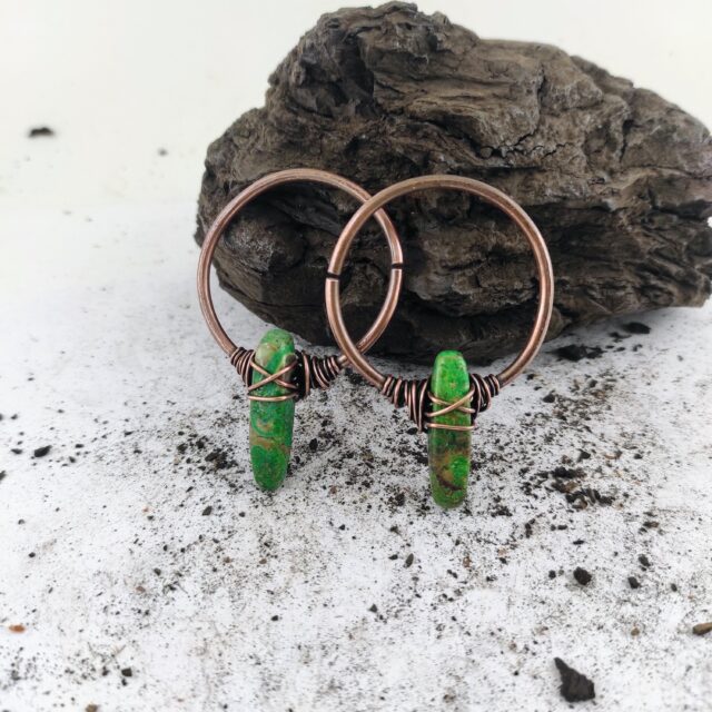 10 gauge Ear Weights / Large Rustic Earrings /  Hoops  Earrings / Green Jasper Earrings