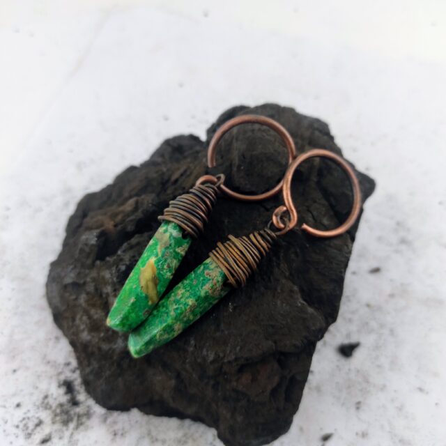 Ear Weights  / Rustic Ear Hoops / Green Jasper Earrings / Tunnel Hangers / Copper Earrings