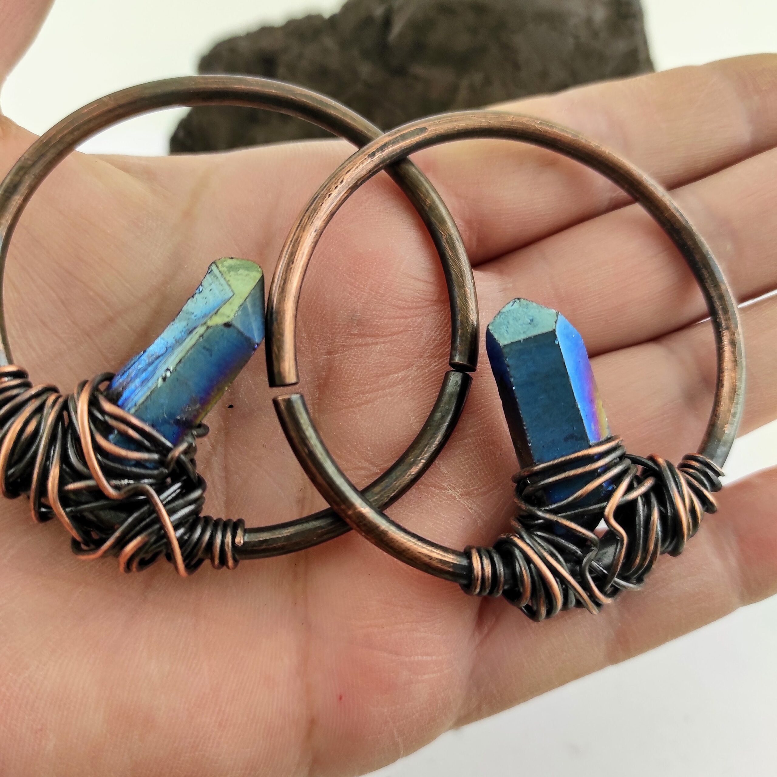 8 gauge Stone Ear Weights  Raw Stone Earrings  Witch Ear Weights Titanium blue earrings