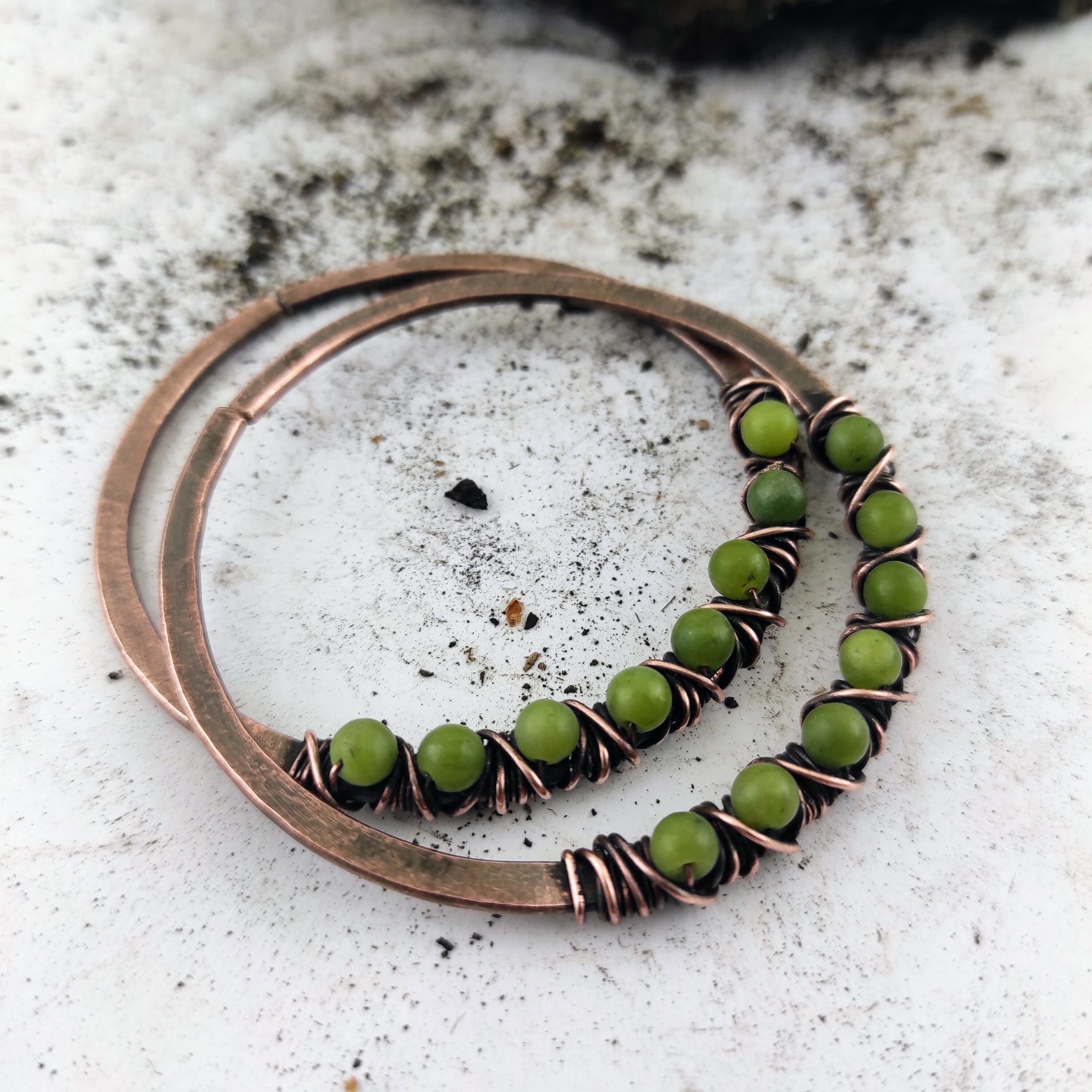 Ear Weights Large Rustic Ear Hoops Green Jade 10 gauge Earrings Copper Hoop  Boho Earrings
