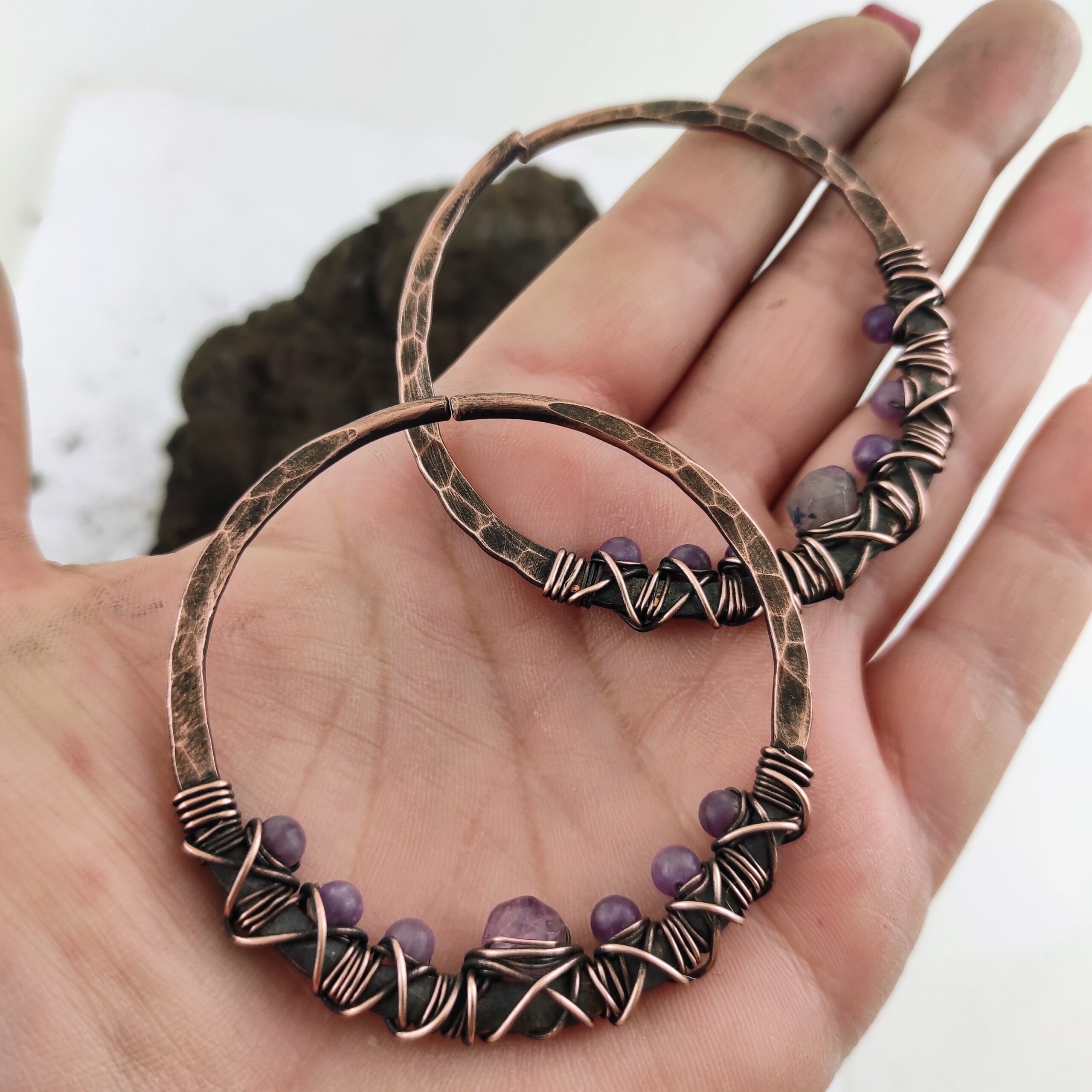 Amethyst Ear Weights Large Rustic Ear Hoops 10 gauge Earrings Copper Hoop  Boho Earrings Lightweight