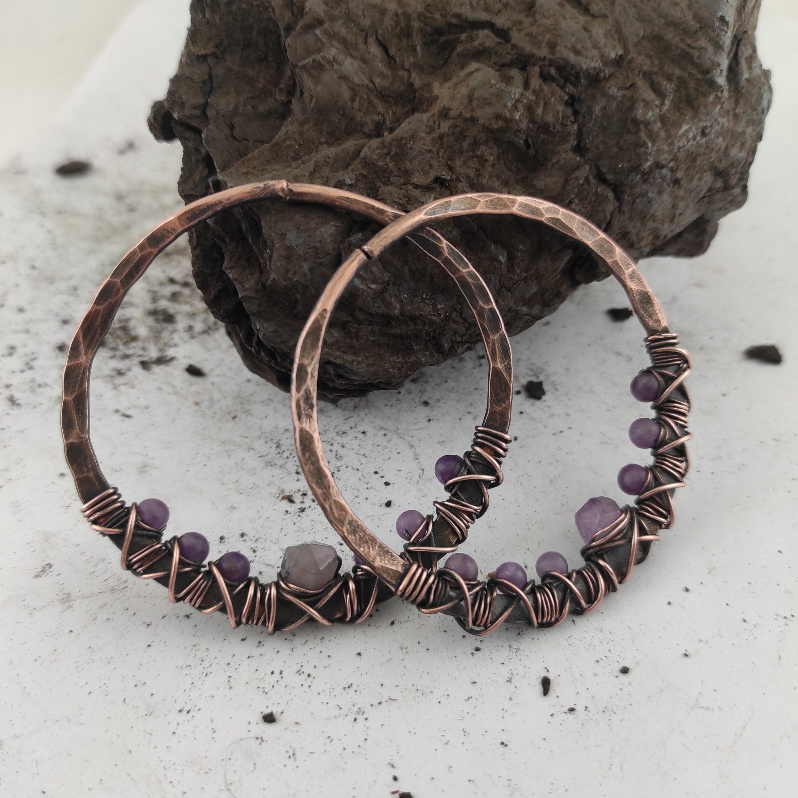 Amethyst Ear Weights Large Rustic Ear Hoops 10 gauge Earrings Copper Hoop  Boho Earrings Lightweight