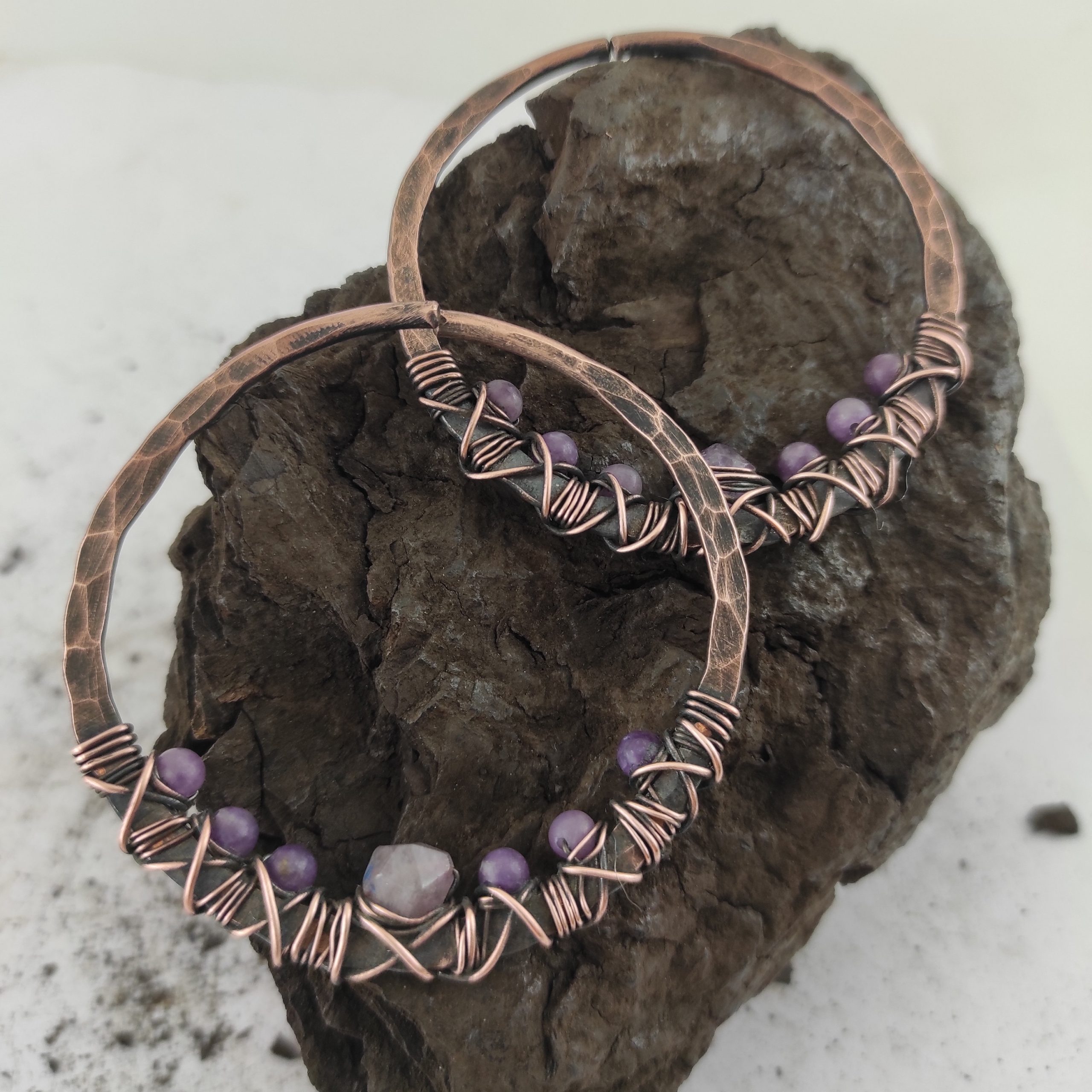 Amethyst Ear Weights Large Rustic Ear Hoops 10 gauge Earrings Copper Hoop  Boho Earrings Lightweight