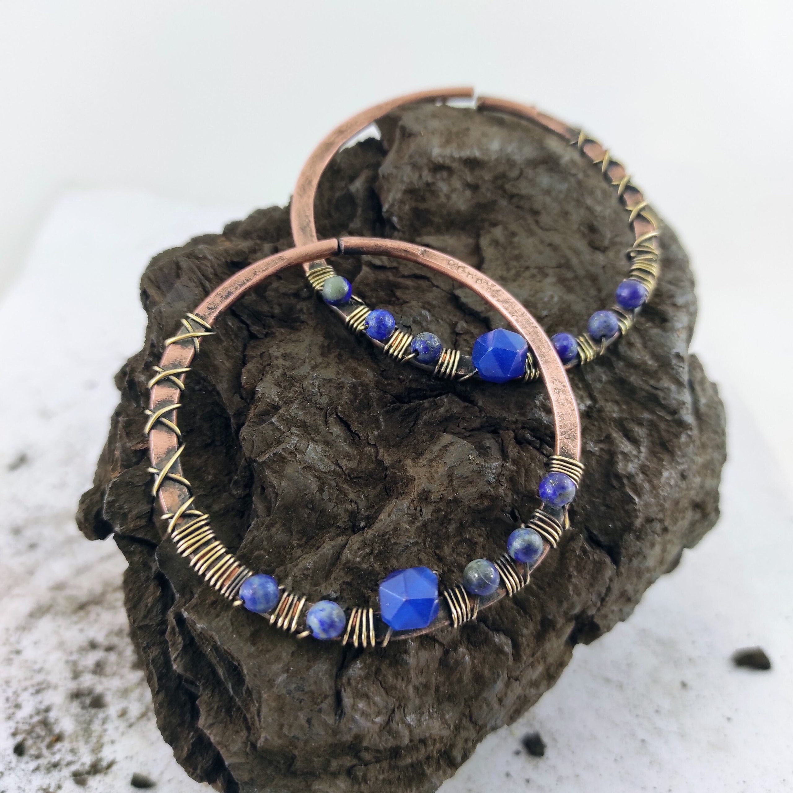 Hoop Earrings Lapis Lazuli Ear Weights Large Rustic Ear Hoops 10 gauge Earrings Copper Hoop  Boho Earrings Lightweight