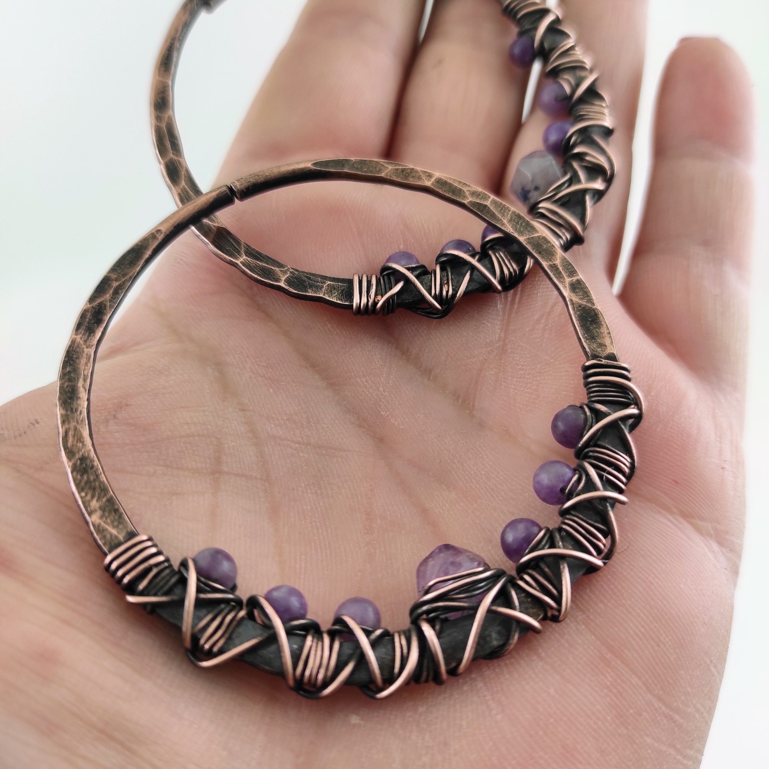 Amethyst Ear Weights Large Rustic Ear Hoops 10 gauge Earrings Copper Hoop Boho Earrings Lightweight