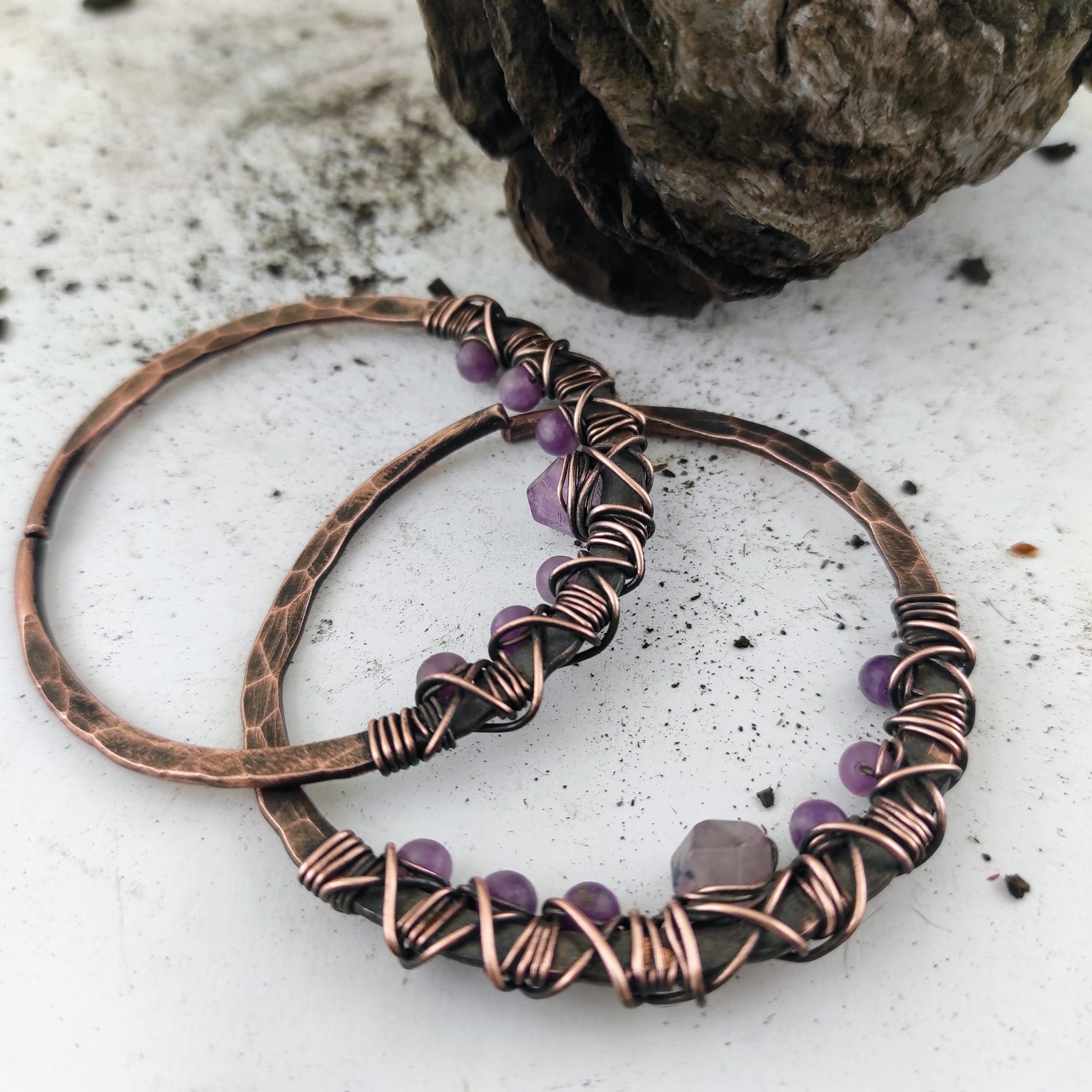 Amethyst Ear Weights Large Rustic Ear Hoops 10 gauge Earrings Copper Hoop  Boho Earrings Lightweight