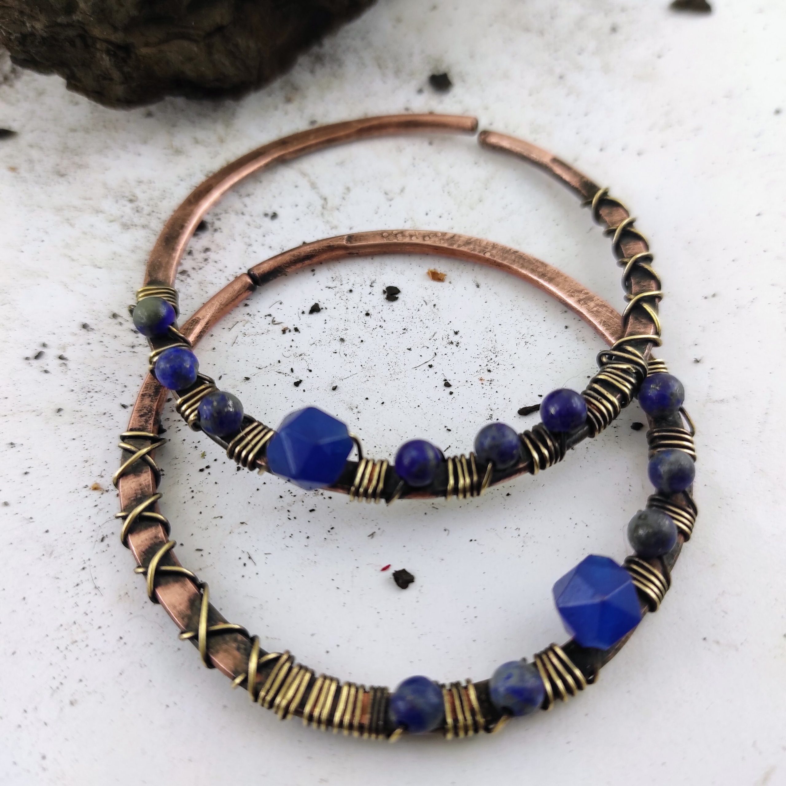 Hoop Earrings Lapis Lazuli Ear Weights Large Rustic Ear Hoops 10 gauge Earrings Copper Hoop  Boho Earrings Lightweight
