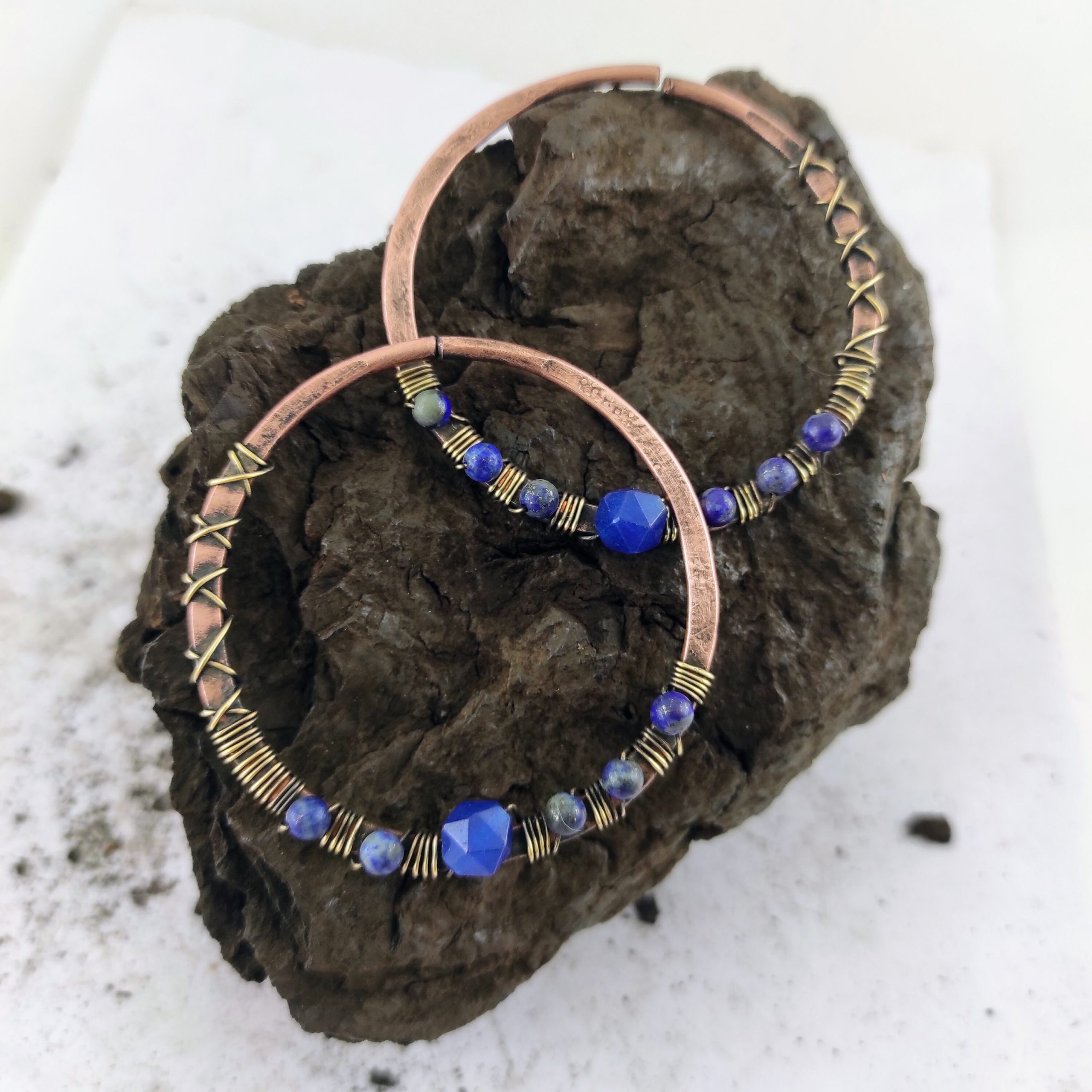 Hoop Earrings Lapis Lazuli Ear Weights Large Rustic Ear Hoops 10 gauge Earrings Copper Hoop  Boho Earrings Lightweight