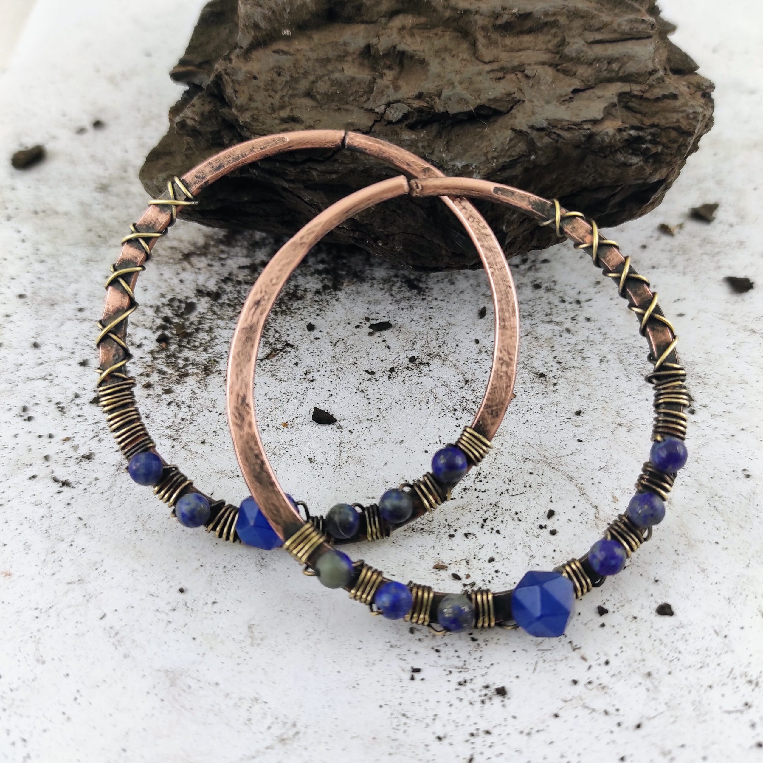 Hoop Earrings Lapis Lazuli Ear Weights Large Rustic Ear Hoops 10 gauge Earrings Copper Hoop  Boho Earrings Lightweight
