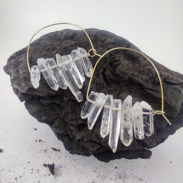Quartz Crystal earrings Brass hoops Lightweight earrings 18 gauge