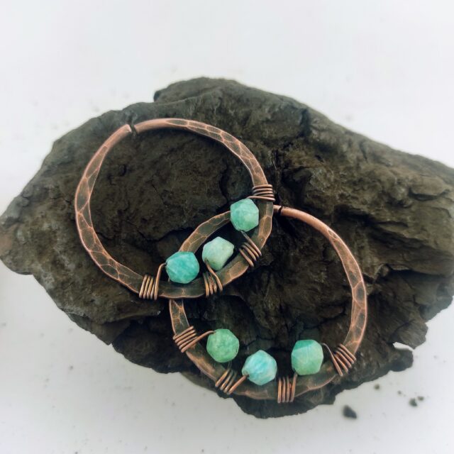 Stone Ear Weights / Copper Hoop Weights  10 gauge Hangers / Stretched Ear / Stone Ear Hoops / Aquamarine Earrings