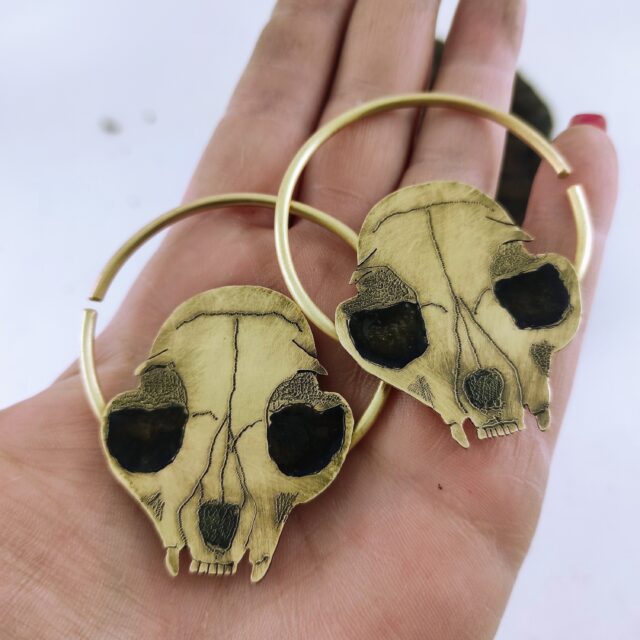Skull Earrings / Brass  Hoops / 10 gauge Ear weights / Spooky Earrings /  Animal Skull Earrings