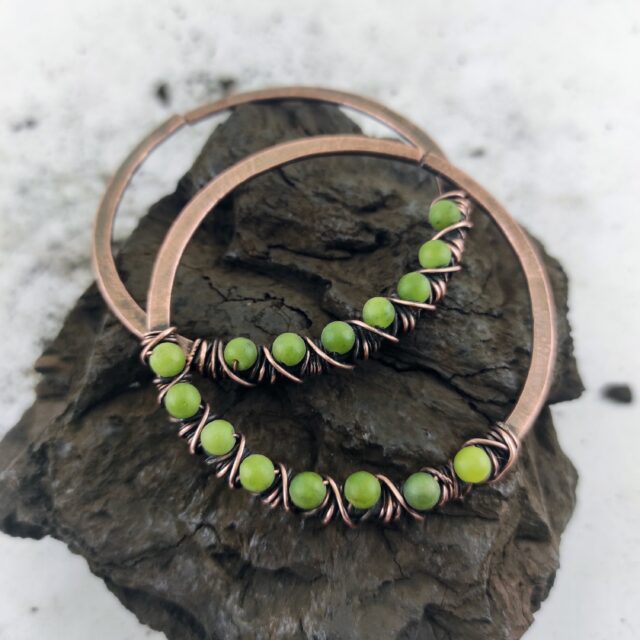 Ear Weights Large Rustic Ear Hoops Green Jade 10 gauge Earrings Copper Hoop  Boho Earrings