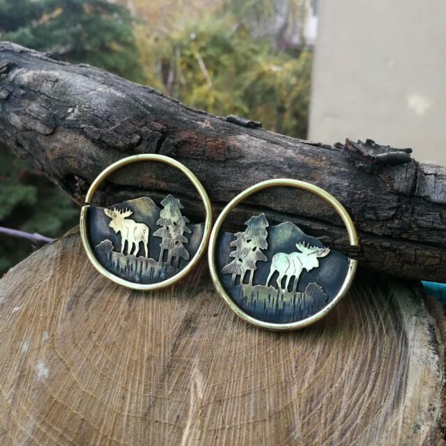 Brass Hoops /10 gauge Ear Weights / Moose Earrings Hoops / Moose Earrings / Nature Earrings / Strethed Lobes