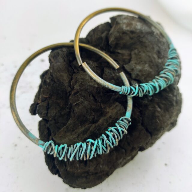 Rustic Hoop Earrings  / Large Ear Weights / Turquouise Patina Earrings / 8 gauge Tunnel Hangers / Wirewrapped Hoops / Hoop Earrings