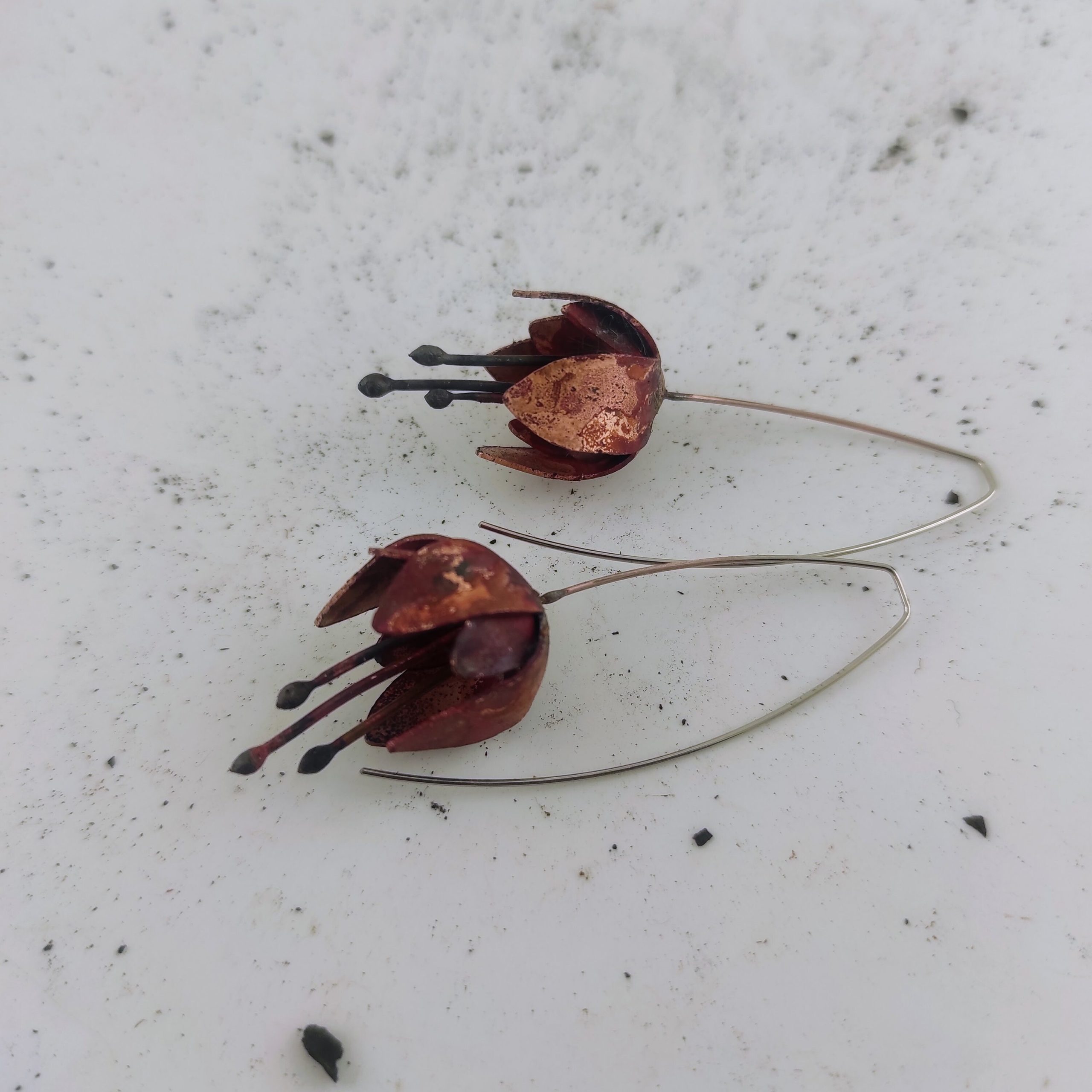 Flower Earrings Copper Earrings Dangle Earrings Botanica Jewelry Wedding Earrings Long Flower earrings