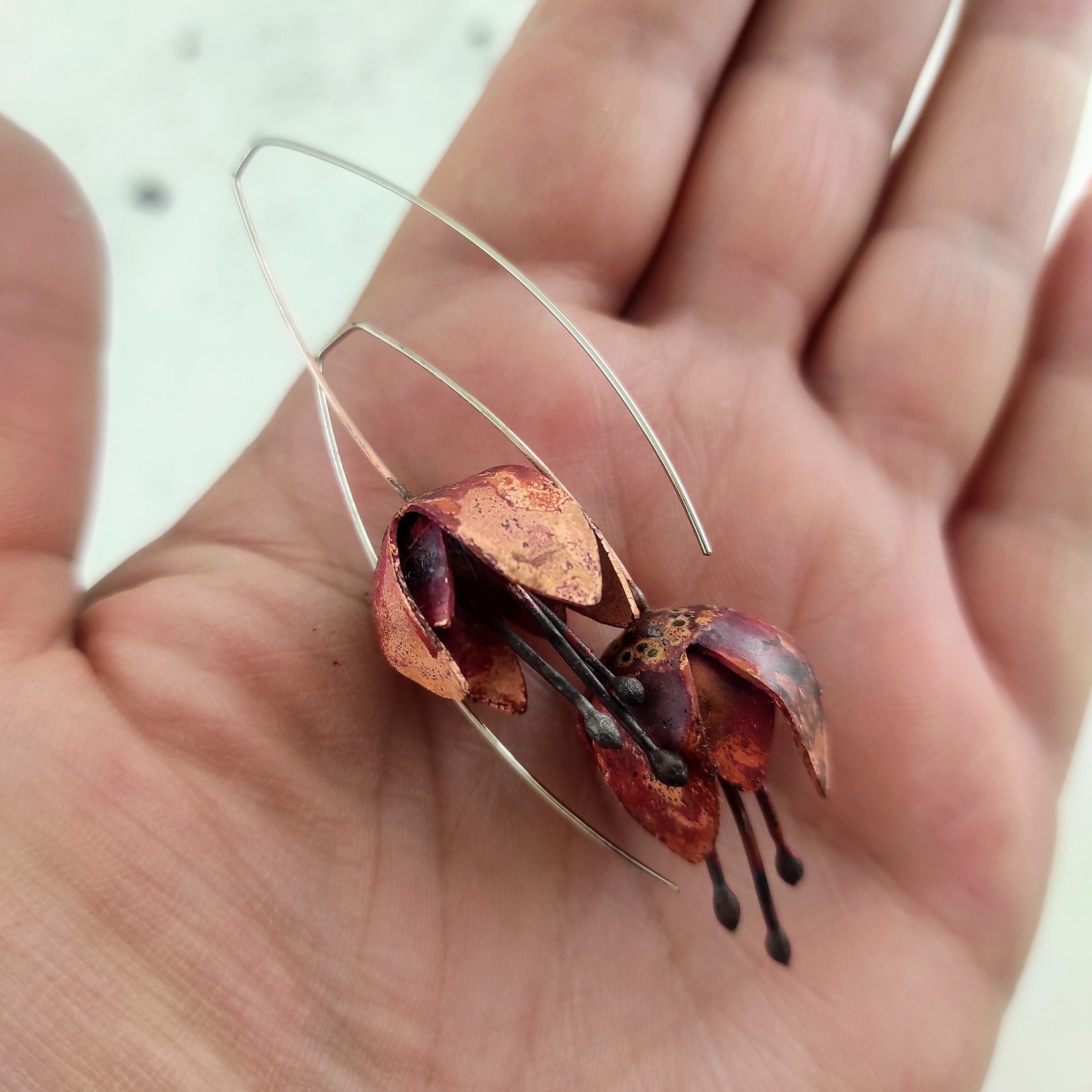 Flower Earrings Copper Earrings Dangle Earrings Botanica Jewelry Wedding Earrings Long Flower earrings
