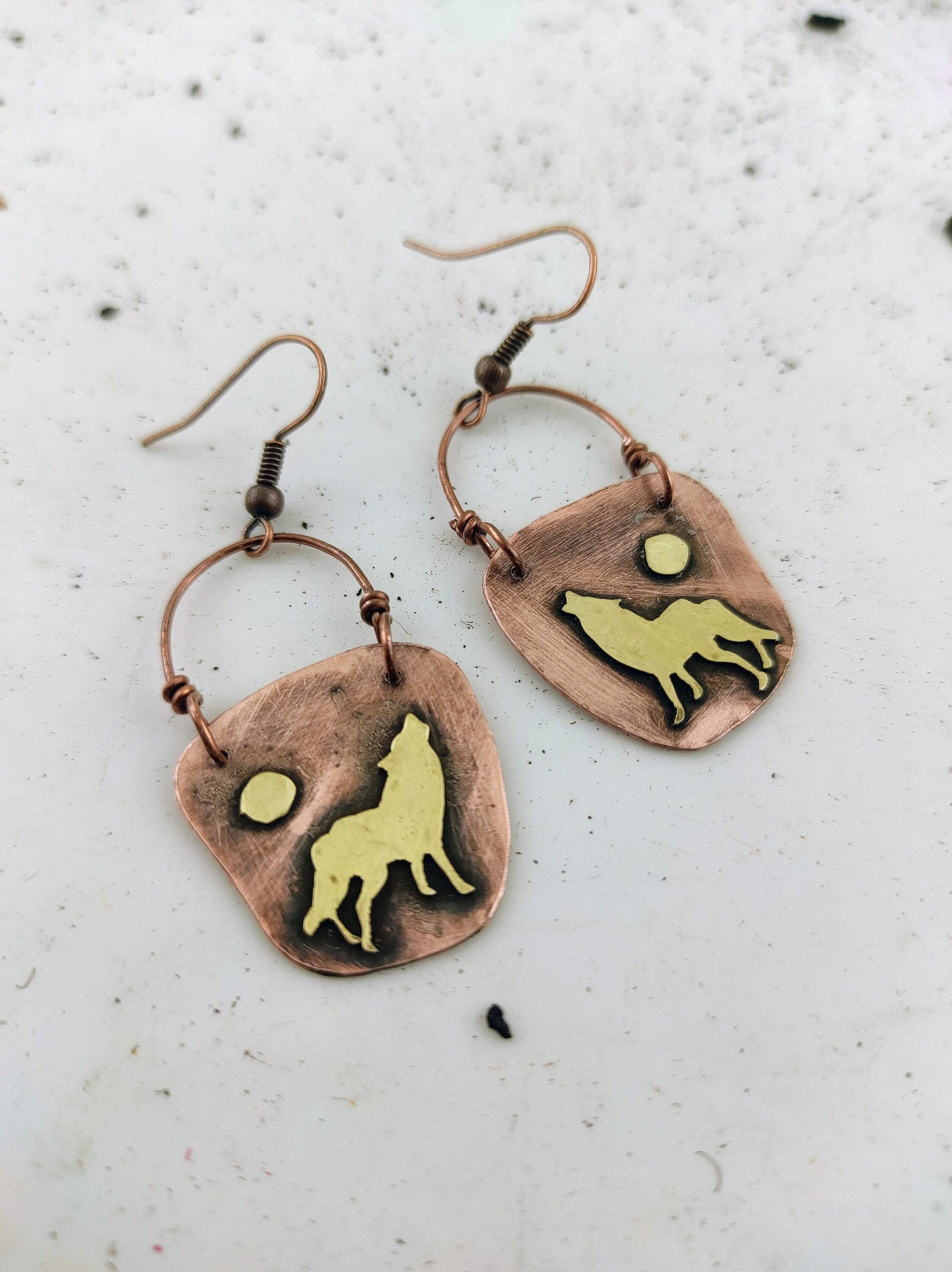 The Wolf Copper Earrings with Moon - Copper jewerly
